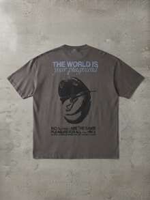 PLAYBOY X SUMWON Oversized Bunny Washed Charcoal Boxy Crop Tee With Chest Logo And Full Back Graphic Slogan Print Short Sleeve Crew Neck T-Shirt - Dark Grey - View 1