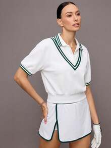 Activina 女款條紋短袖休閒健身運動 Polo 衫 - 白色 - 查看 8