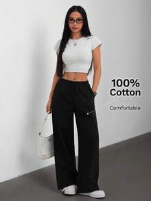 SHEIN PETITE 女款純色腰綁帶口袋長褲，舒適，適合春、夏、秋、冬 - 彩色 - 查看 5