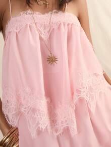 Easelle Gaun Wanita Warna Polos dengan Detail Renda Kontras di Bagian Bawah dan Rumbai, Elegan, Gaya Boho Romantis, Tali Bahu Tipis, Cocok untuk Liburan Musim Panas Warna Pink Muda - Berwarna merah muda - View 7