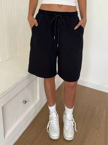SHEIN EZwear 黑色針織女款抽繩腰口袋休閒寬鬆短褲 - 黑色 - 查看 4