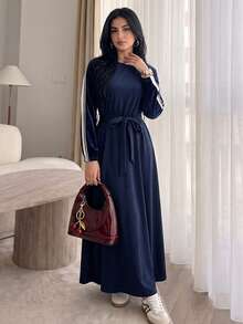 Solavon Gaun Sweatshirt Kasual Lengan Panjang Raglan dengan Garis Samping untuk Wanita - Royal Blue - View 7