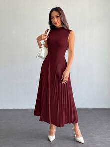 SHEIN PETITE 女款優雅百褶修身A字洋裝 - 酒紅色 - 查看 6