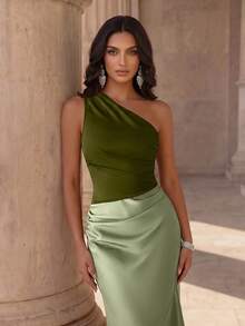 Coutiva Adult Elegant Bridesmaid Dress With Ruffle Asymmetric Hem - Olive Green - View 4