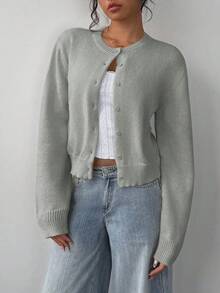 SHEIN 青少年女孩純色單排扣休閒百搭日常穿搭開襟衫 - 灰色 - 查看 5