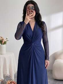 Modelyn Plus Size Women's V-Neck Mesh Patchwork Pleated Casual Everyday Summer Dress - Navy Blue - View 5