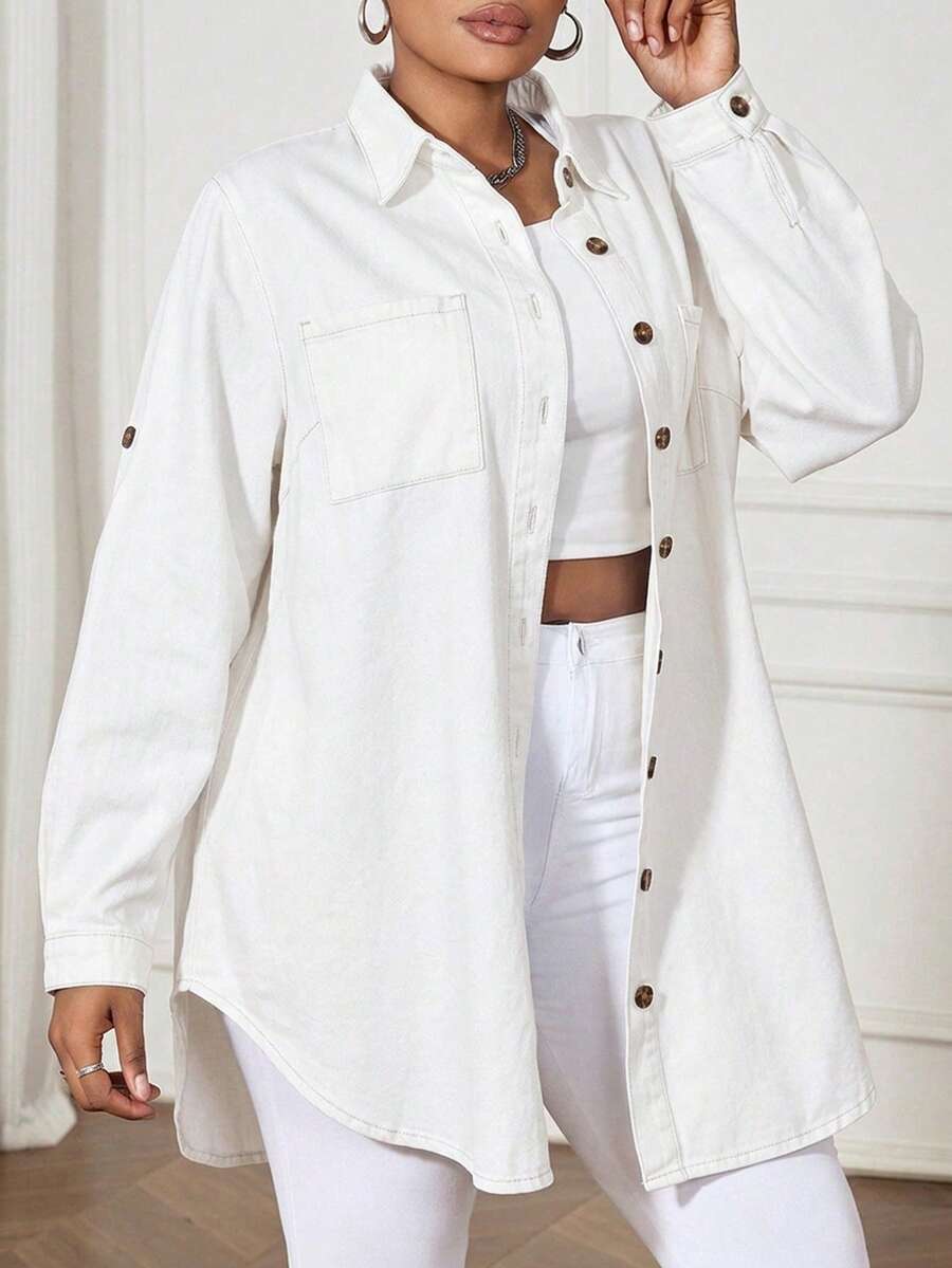 SHEIN ICON 白色大尺碼牛仔洋裝 休閒個性風 傳統寬鬆長袖襯衫式洋裝 舒適 正式 適合夜店與外出 秋季