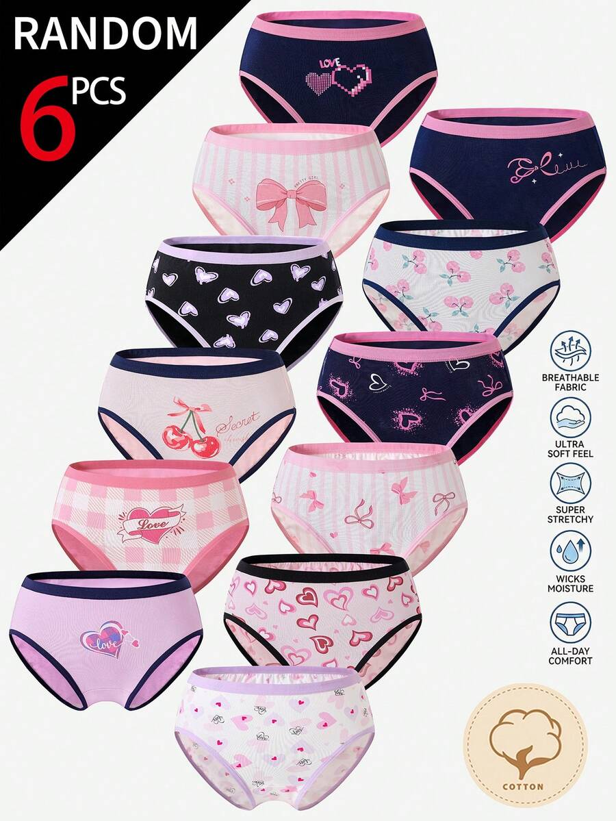 6件套女童内裤，多种彩色爱心、蝴蝶结、樱桃印花图案，舒适纯棉，四季皆宜 - 彩色 - 查看 1