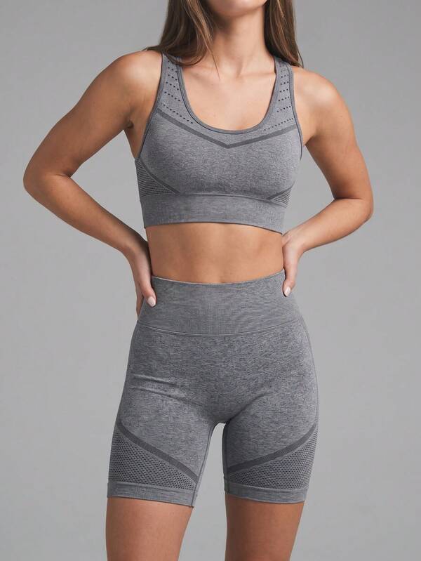 Nuvra Women's Grey Mesh Racerback Sports Bra, Seamless U-Neck, Medium To High Support, Fitness Yoga Running Shock-Absorbing Backless Tank Top