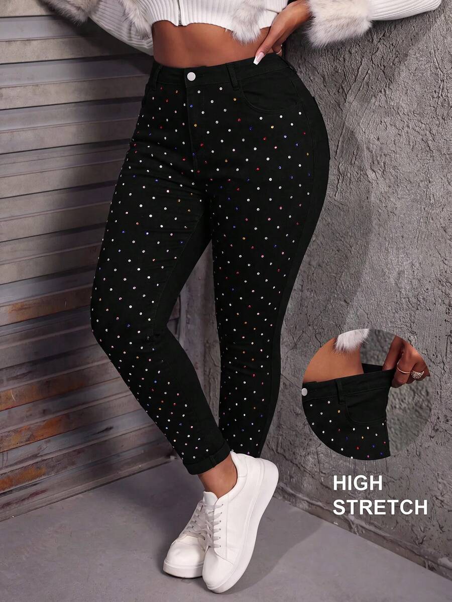 Slaydiva Plus Size Women's Rhinestone Embellished Casual Daily Wear Jeans - Black - View 1