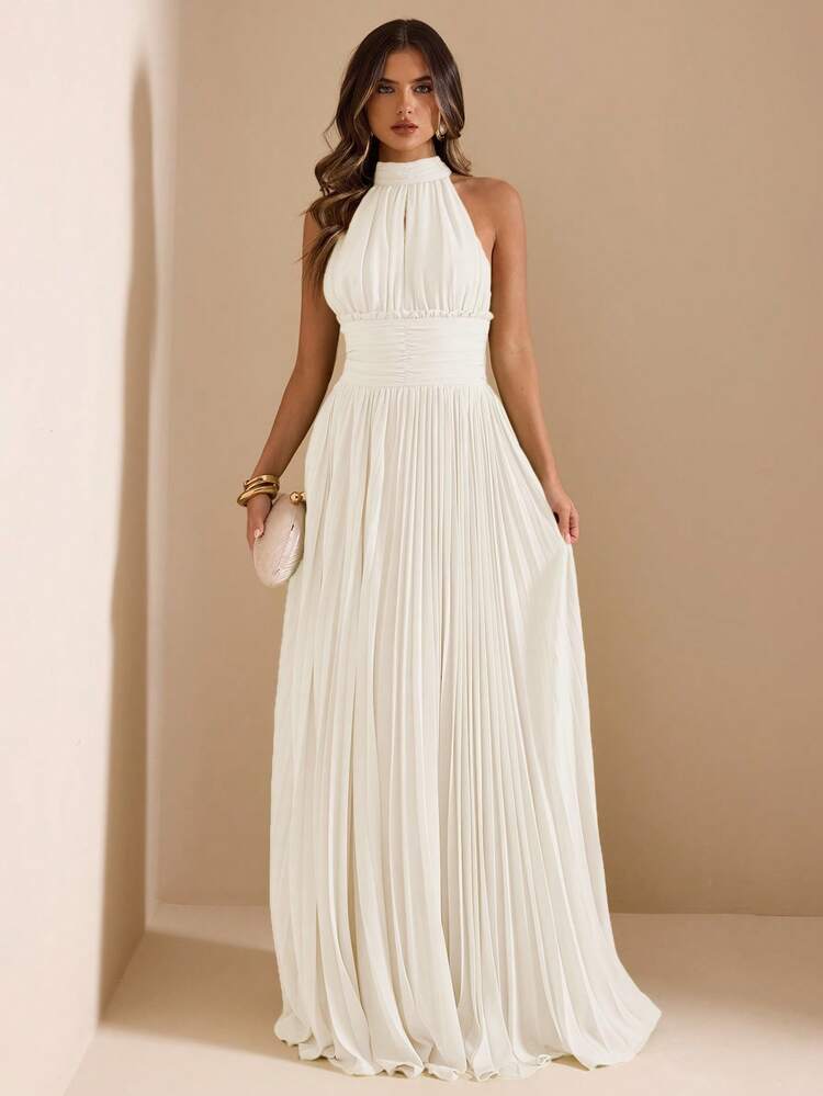 SHEIN BAE Spring/Summer Green Halter Neck Ruched Waist Pleated Tie Mid-Length Dress, French Romantic Style Date & Vacation Dress - Apricot - View 1