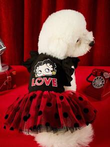 Betty Boop X PETSIN 1件可愛卡通愛心印花荷葉袖公主風波點蓬蓬洋裝，適合貓狗穿著，適合室內茶會或陽光戶外散步 - 黑色 - 查看 2