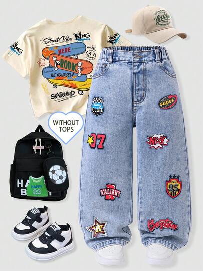 SHEIN Genkimix Kids Boys' Streetwear Casual Colorblock Contrast Stitch Loose Straight Leg Versatile Cargo Denim Jeans