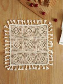 Cirelle 1pc Boho Crochet Round Tablecloth, Vintage Knit Hollow Out Table Cover With Tassels, Rustic Macrame Tablecloth For Dining Room, Kitchen, Cafe Decor - Beige - View 24
