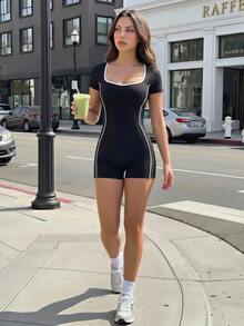 Dewbera Dewbera Casual Versatile Striped Colorblock Short Sleeve Sports Romper - Black - View 9
