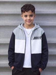 SHEIN Kids Tween Boy Casual College Patchwork Letter Pattern Hooded Jacket, Woven Thick Style, Suitable For School, Garden, Beach, Birthday, Spring, Summer, Autumn, Winter, Black, Brown - Grey - View 6