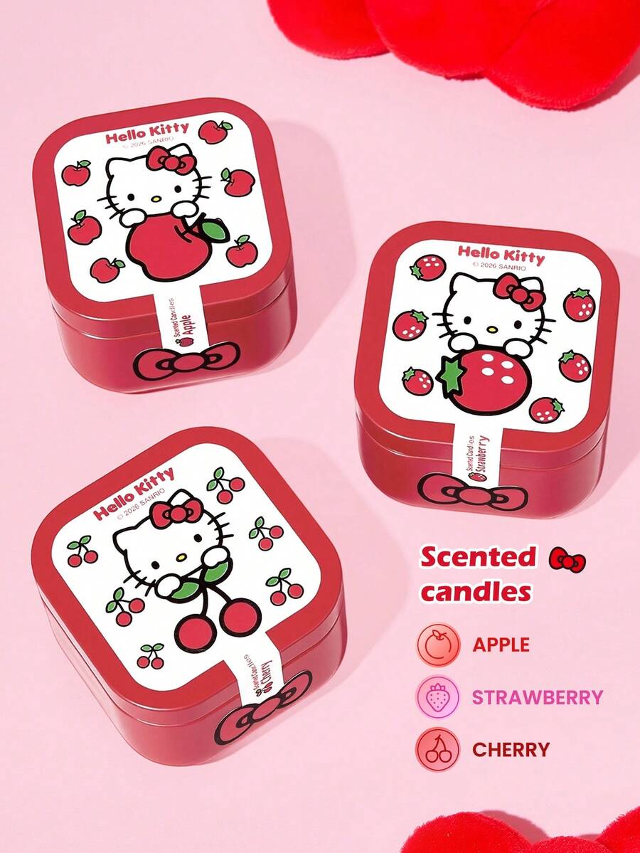 HELLO KITTY AND FRIENDS | SHEIN 3件組錫罐香氛蠟燭,蘋果/草莓/櫻桃,果香甜味 - 草莓+蘋果+櫻桃 - 查看 1