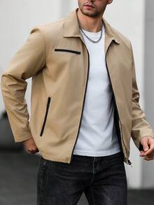 Manfinity CasualCool Men's Zipper Shirt Jacket, Casual Open Front Long Sleeve Outerwear - Khaki - View 4