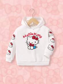 HELLO KITTY AND FRIENDS | SHEIN 年轻女孩卡通印花连帽落肩宽松运动衫 - 白色 - 查看 1