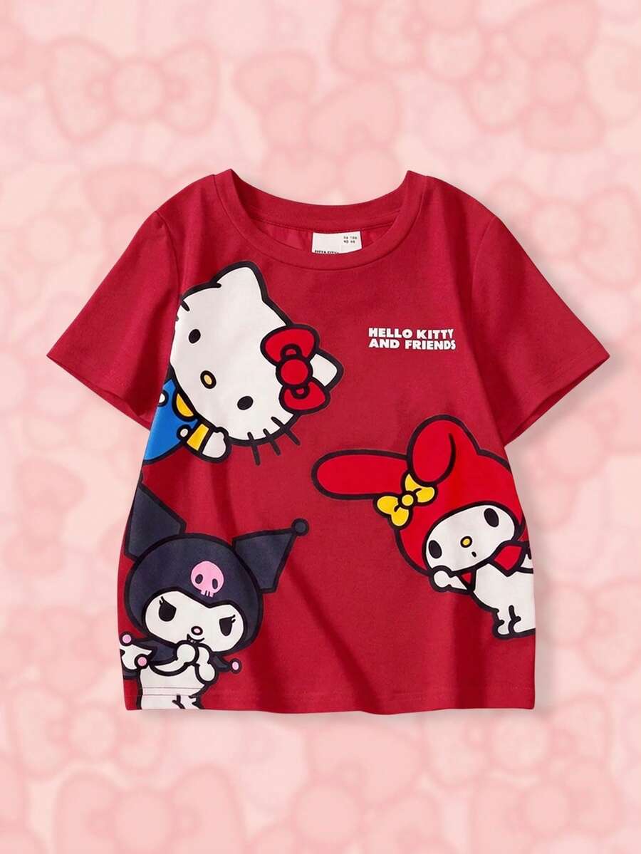 HELLO KITTY AND FRIENDS | SHEIN Young Girl Round Neck Letter Cartoon Print Casual Versatile Daily Short Sleeve T-Shirt - Red - View 1