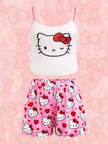HELLO KITTY AND FRIENDS | SHEIN Set Piyama Wanita Ukuran Besar Musim Panas Motif Kartun Lucu, Kamisol dan Celana Pendek - Berwarna merah muda - View 1