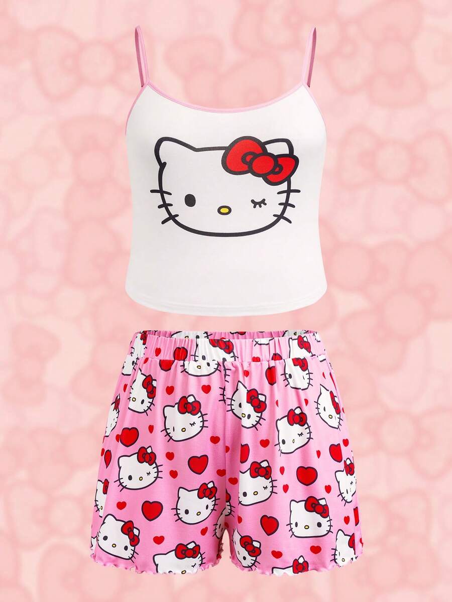 HELLO KITTY AND FRIENDS | SHEIN Set Piyama Wanita Ukuran Besar Musim Panas Motif Kartun Lucu, Kamisol dan Celana Pendek - Berwarna merah muda - View 1