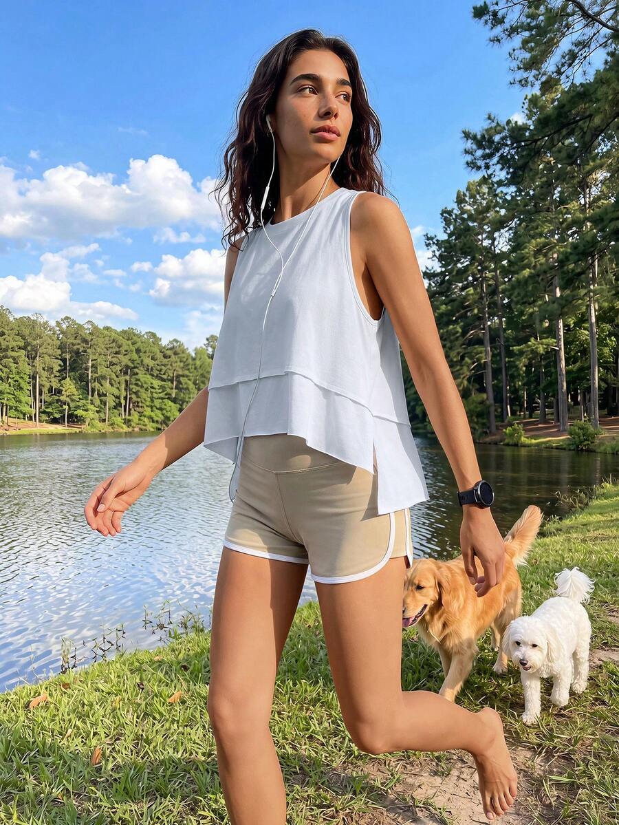 Exploreva Exploreva Tank Top Wanita Kasual Musim Panas Warna Polos untuk Aktivitas Luar Ruangan - Biru - View 1