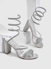 CUCCOO SZL Sandal Hak Tinggi Wanita Terbaru Seksi dengan Motif Ular Melingkar, Hiasan Berlian Imitasi Berkilau, Warna Perak, Sandal Hak Tinggi Nyaman untuk Pesta dengan Desain Melingkar. - Perak - View 1