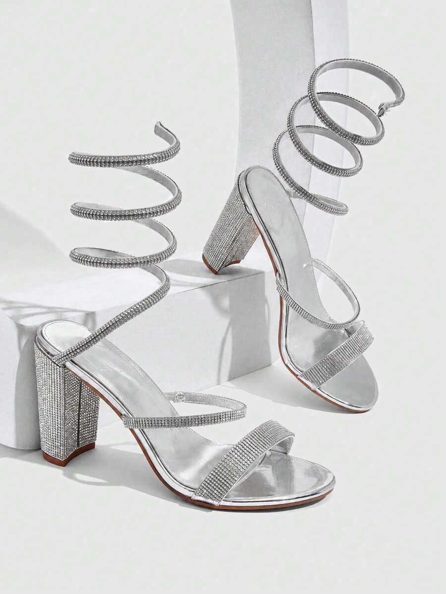 CUCCOO SZL Sandal Hak Tinggi Wanita Terbaru Seksi dengan Motif Ular Melingkar, Hiasan Berlian Imitasi Berkilau, Warna Perak, Sandal Hak Tinggi Nyaman untuk Pesta dengan Desain Melingkar. - Perak - View 1