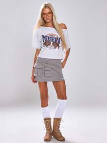MUSERA Kaos Varsity Bergambar Motif Grafis, Model Longgar, Bahu Terbuka, dan Ujung Bawah Kasar, Cocok untuk Kembali ke Sekolah, Liburan Sehari-hari, dan Kasual. - Light Grey - View 3