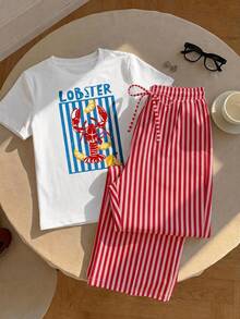 SHEIN EZwear 2件組圓領短袖上衣與條紋印花長褲大尺碼套裝，休閒極簡復古優雅通勤百搭舒適龍蝦檸檬 - 彩色 - 查看 3