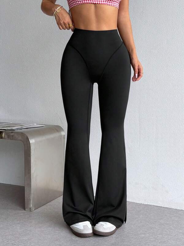 Slayform 1pc Black High Waist Seamed Split Hem Women's Flared Sports Leggings, Slim Fit, Suitable For Yoga Workout Daily Wear Summer
