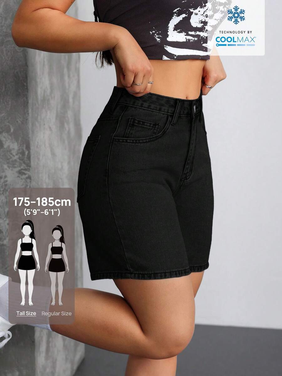 SHEIN Tall Y2K 中腰休閒水洗牛仔短褲 女款 - 黑色 - 查看 1