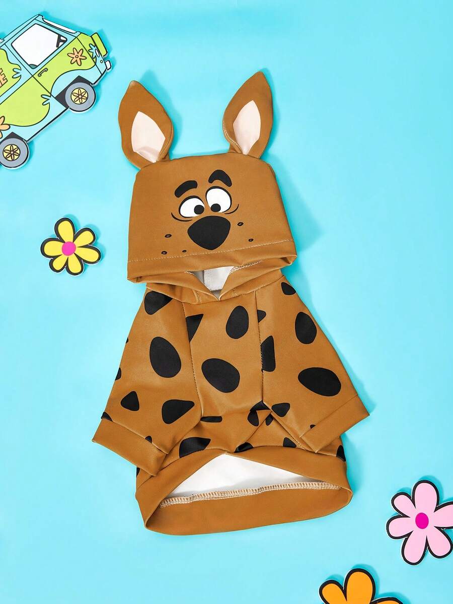 SCOOBY-DOO X PETSIN 1件可愛卡通寵物連帽衫,貓狗通用衣物,柔軟透氣小狗舒適運動衫,附3D耳朵設計 - 棕色 - 查看 1