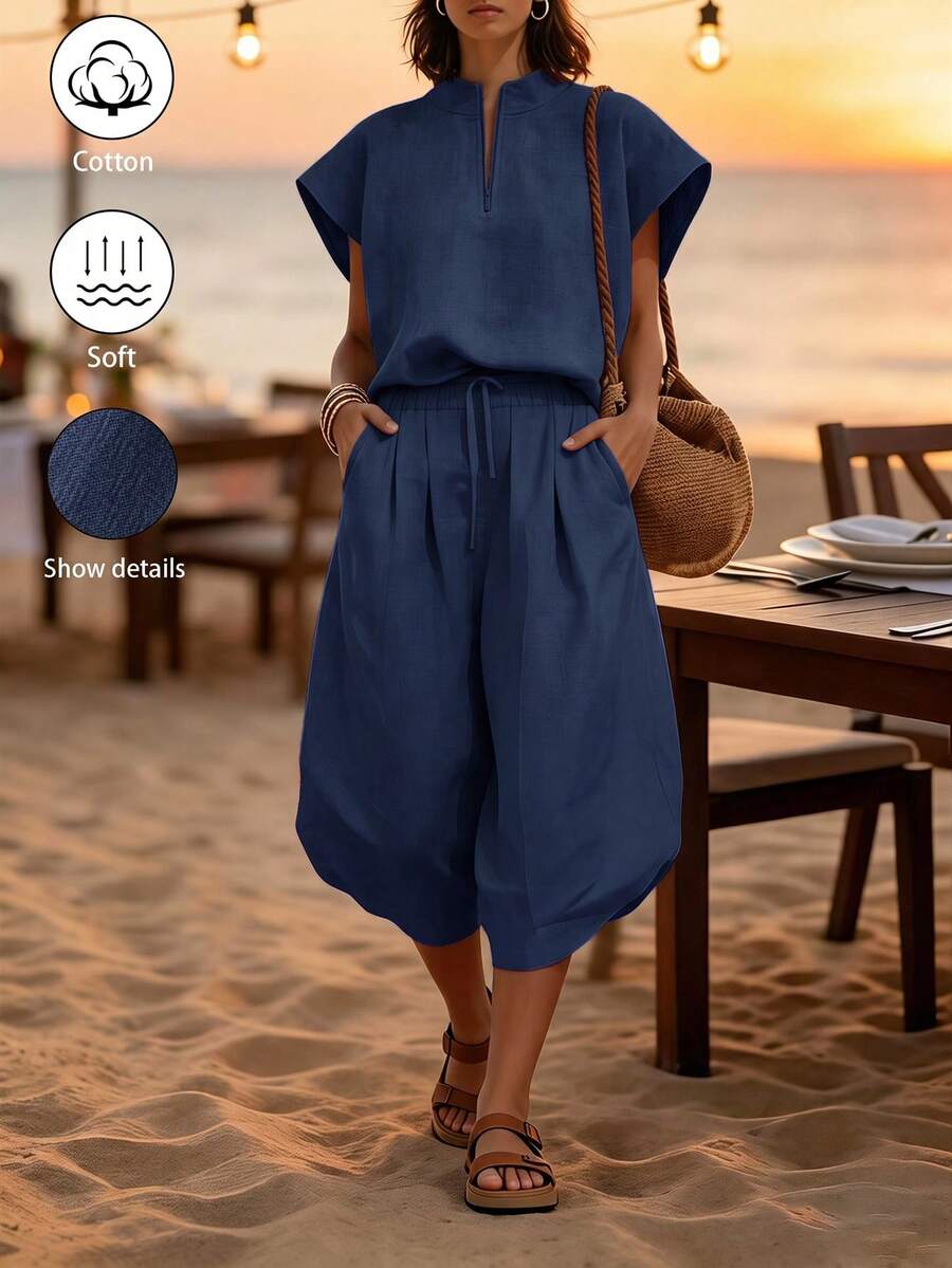 SHEIN Holidaya 女款棉麻兩件式套裝,立領半拉鍊短袖上衣與抽繩短版寬腿褲套裝 - 藏蓝色 - 查看 1