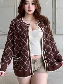 Vibekara Plus Size Women's Diamond Lattice Casual Daily Cardigan Winter - Coffee Brown - View 5