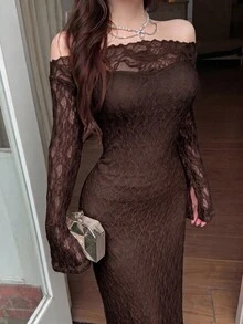 Feyla 女款蕾絲露肩長袖修身優雅洋裝 - 咖啡棕 - 查看 6