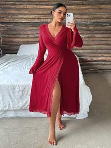 Dazy Plus 大尺碼女款優雅對比蕾絲性感居家中長款睡裙 - 酒紅色 - 查看 4