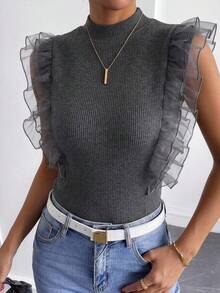 FRIFUL Women's Turtleneck Ribbed Tank Top With Mesh Ruffle Trim Sleeveless Layered T-Shirt Brunch Gray Autumn French Elegant - Dark Grey - View 5