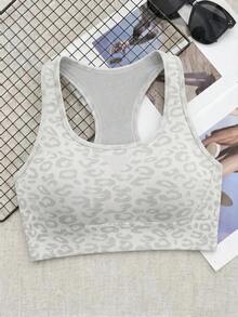 SHEIN Cheerettes 女款豹紋運動內衣 瑜伽健身白色運動內衣 無縫柔軟彈性針織 可拆式胸墊 賽車背式 適合瑜伽健身房穿著 - 白色 - 查看 2