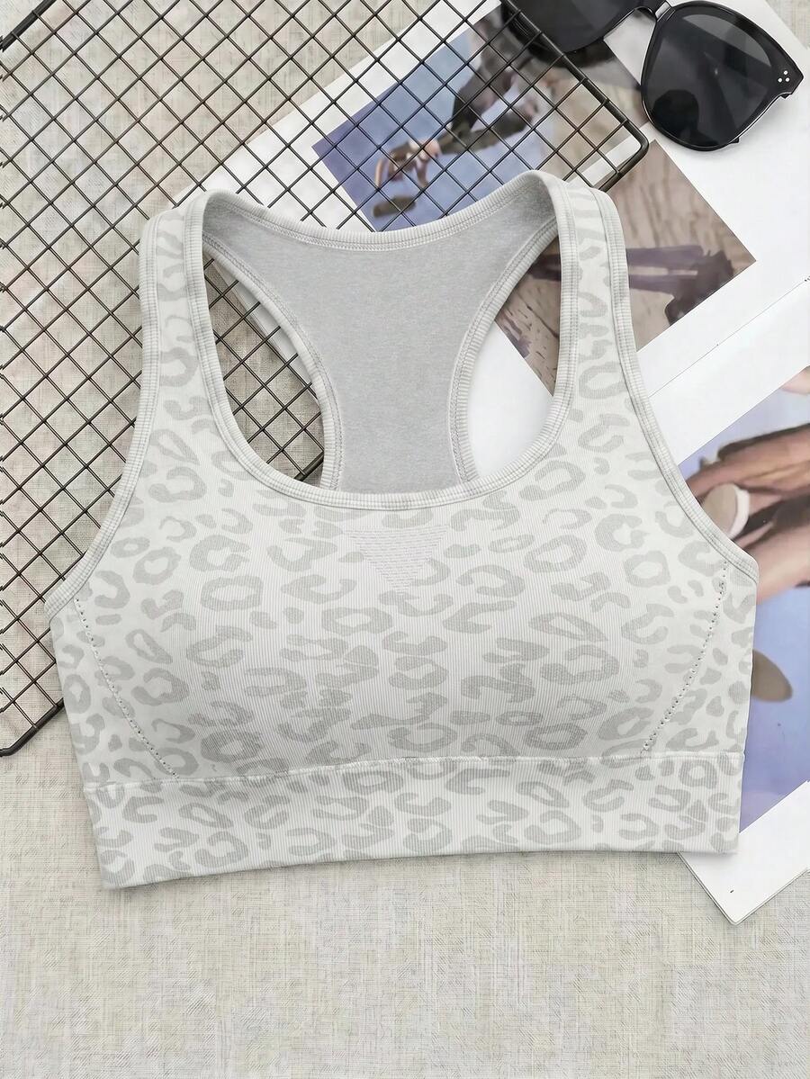 SHEIN Cheerettes 女款豹紋運動內衣 瑜伽健身白色運動內衣 無縫柔軟彈性針織 可拆式胸墊 賽車背式 適合瑜伽健身房穿著