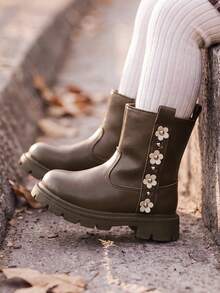 Cozy Pixies 時尚百搭休閒棕色秋冬花卉兒童靴 軟底田園風中筒靴 女童嬰兒靴 - 棕色 - 查看 4
