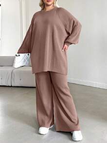 EURMUSE Plus Size Women Solid Color Raglan Sleeve Sweater And Knit Pants Casual Set - Dusty Pink - View 6