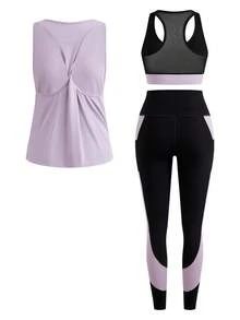 SHEIN Cheerettes 女款 3 件組拼色內衣、高腰緊身褲與圓領上衣休閒日常運動套裝，黑色與紫色，柔軟彈性、防透深蹲、側邊口袋壓力褲 - 彩色 - 查看 5