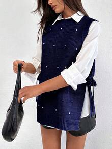 EURMUSE Round Neck Sleeveless Sweater With Pearls - Navy Blue - View 4