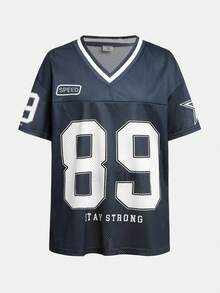 Tween Girls' Sporty Jersey Top, Colorblock With Numeric & Text Print, V-Neck Short Sleeve, Suitable For Sports Events, Spring/Summer - Royal Blue - View 6