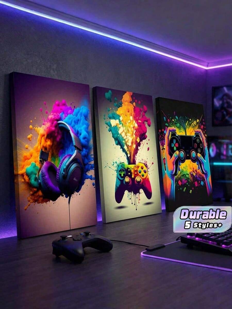 3Pcs Gaming Controller Canvas Wall Art – RGB Headphone Gamer Posters, Modern Video Game Room Decor, Gift For Boys Men Teens (Unframed) - multicolor - View 1