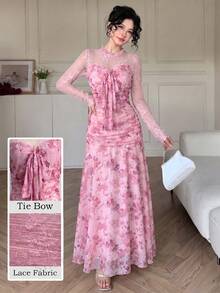 Modelyn French Design Lace Patchwork Bow Women's Long Dress - Dusty Pink - View 4