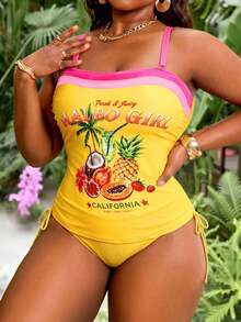 SHEIN Swim 2026新款大尺碼女款兩件式水果印花平口比基尼上衣，附抽繩抓皺高腰泳褲，夏季海灘度假穿搭，度假服飾，派對穿搭，優雅女款海灘泳裝，女款度假服飾 - 彩色 - 查看 6
