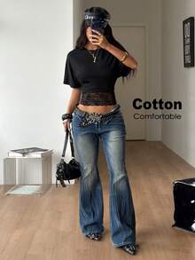Coolane 女款純色蕾絲拼接收腰T恤 - 黑色 - 查看 3